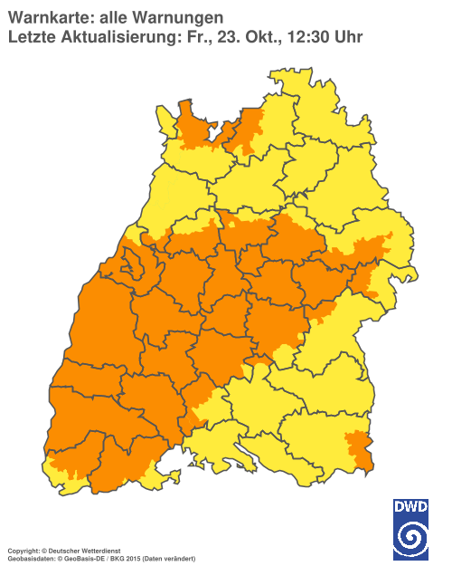Current weather warning map: Baden-Württemberg